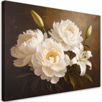 Feeby Cuadro En Lienzo, Peon&iacute;as Color Crema Flores Retro, 120x80