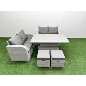 Fimous 6 Seater Outdoor Love Sofa Set Rattan Garden Furniture Set with Adjustable Lifting Dining or Coffee Table 2 Small Stools 2 Side Tables Light Grey