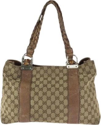 Gucci Pre-owned Handbags, female, Beige, Size: ONE SIZE Pre-owned GG Canvas Leather Tote Bag