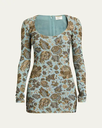 Saint Laurent Stretch Brocade Decollete Mini Dress