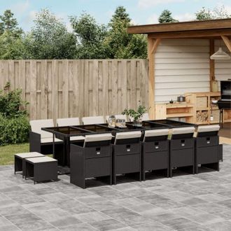 vidaXL Set Comedor De Jard&iacute;n Con Cojines 15 Pzas Rat&aacute;n Sint&eacute;tico Negro