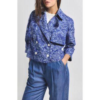 Derek Lam Elijah Floral Cotton Blend Double Breasted Crop Jacket in Indigo at Nordstrom Rack, Size X-Large