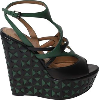 Alaia Alaia Laser-Cut Basket Weave Wedges in Green Leather