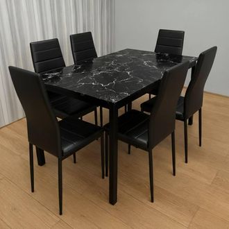 Kosy Koala Black Marble Dining Table with 6 Black Faux Leather Chairs Furniture
