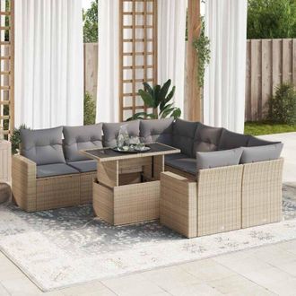 vidaXL Set De Sof&aacute;s De Jard&iacute;n Con Cojines 9 Pzas Rat&aacute;n Sint&eacute;tico Beige Vidaxl