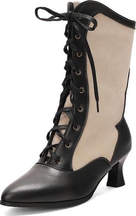 Generic Womens Retro Two-Tone Lace-Up Mid-Calf Boots Pointed Toe Slim Heel Comfortable Fit Non-Slip Wear-Resistant Sole for Daily Date Vintage Style,Black,10.