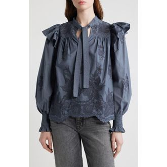 AllSaints Nisa Floral Embroidered Ruffle Top in Steel Blue at Nordstrom, Size 10 Us