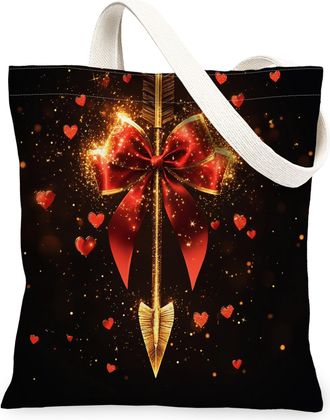 Generic Valentines Day Heart Canvas Tote Bags, Bow and Arrowhead Design Reusable Grocery Bags, Lightweight Washable Shoulder Strap Canvas for Travel Picnic 13