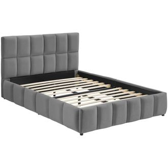 TecTake Cama tapizada, terciopelo, somier l&aacute;minas, gris 133x220x93cm