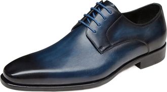 Generic Dress Shoes for Men Lace Up Round Burnished Toe Derby Shoes Leather Non Slip Low Top Rubber Sole Slip Resistant Classic(Blue,8.5 UK)