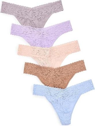 Hanky Panky Signature Lace(r) Original Rise Thongs 5-Pack Womens Underwear Periwinkle/Steel Grey/Sun Tan/Vanilla/Lavender Fields Purple