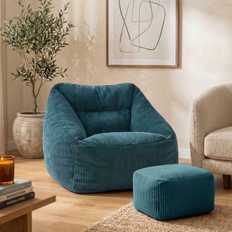 Icon Brand Bean Bag Armchair & Footstool Jumbo Cord Bundle in Teal