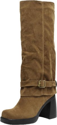 Generic Womens Western Cowboy Boots, 9Cm Block Heel Suede Long Shaft Boots Plus Size Round Toe Slip-On Shoes with Pleat Look And Buckles Winter Boots for Ever