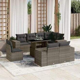 vidaXL Set De Muebles De Jard&iacute;n 9 Pzas Y Cojines Rat&aacute;n Sint&eacute;tico Gris Vidaxl