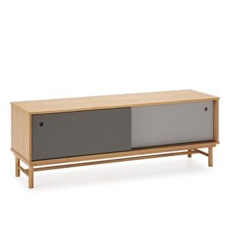 HOMN Mueble tv 2 puertas correderas color gris, madera maciza, 140 cm