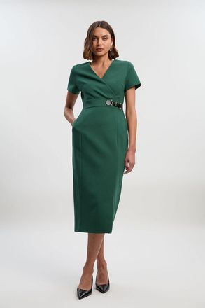 Karen Millen Womens Petite Compact Essential Tab Waist Midi Dress - Forest Green - Size 12 UK
