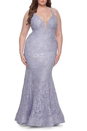 La Femme Mermaid Lace Plus Size Prom Dress with Deep V in Light Periwinkle at Nordstrom, Size 16W