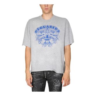 Dsquared2 T-Shirts, male, Gray, Size: L Dragon Bros Football T-Shirt