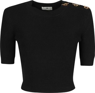 Elisabetta Franchi Fitted Cropped Sweater with Round Neckline and Gold-tone Embellishments