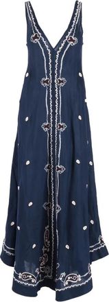 P.A.R.O.S.H. Beach 26 V-neck Maxi Jurk - Dames - Maxi kleedjes - Blauw - S - Linnen - Kleedjes