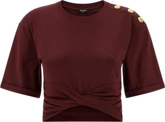Balmain T-Shirts, female, Red, L, Cropped T-Shirt with Asymmetrical Hem