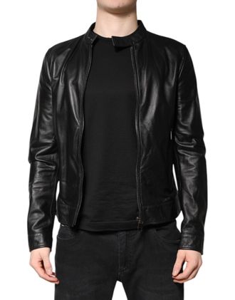 Dolce & Gabbana Mens Black Sheep Leather Biker Full Zip Jacket Clothing