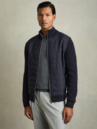 Reiss Navy Hybrid Quilt and Knit Zip-through Jacket, Xxl