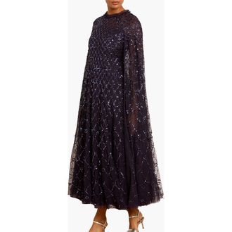 Needle & Thread Heart Lattice Cape Ankle Gown in Midnight at Nordstrom, Size 16