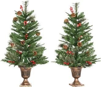 HOMCOM Juego De 2 Piezas De &Aacute;rbol De Navidad Artificial 90 Cm Con Maceta Ign&iacute;fugo Con 110 Ramas 10 Bayas 8 Pi&ntilde;as Y Hojas De Pvc Decoraci&oacute;n Navide&ntilde;a