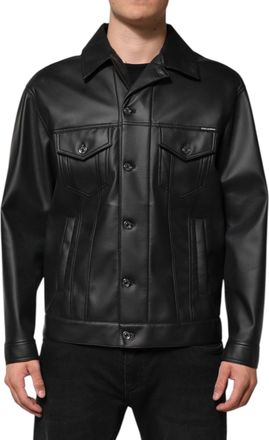 Dolce & Gabbana Mens Black Polyester Button Down Biker Jacket Paper Elastane Clothing