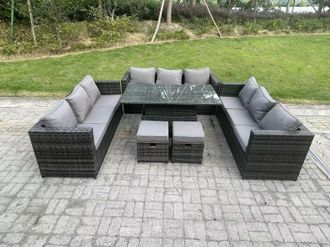 Fimous U Shape Outdoor Rattan Garden Furniture Sofa Set Lounge Adjustable Rising Lifting Tables Footstool in Dark Grey