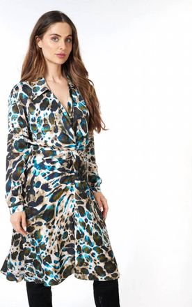 Esqualo Astrid Animal Roots Twist Midi Dress In Peacock Blue Navy Olive Green