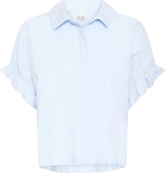 Ichi Blauwe Kasjmier Feminine Shirt met Pofmouwen - Dames - Blouses - Blauw - M - Kasjmier - Overhemden