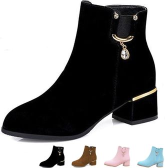 Generic Ladies Fashion Solid Suede Side Zip Chunky Heel Short Boots Stylish Low Chunky Block Heel Chelsea Booties Mid Heeled Ankle Boots (6.5,Black)