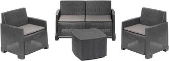 Dmora Set salotto da esterno Amer, Composizione da giardino con 2 poltrone, 1 divano e 1 tavolino contenitore, Effetto rattan con cuscini, 100% Made in