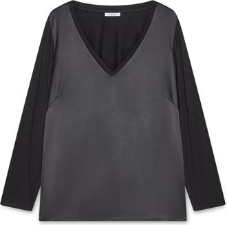 Fiorella Rubino Tweekleurig T-shirt met V-hals - Dames - Longsleeves - Zwart - XL - Polyester - Tops