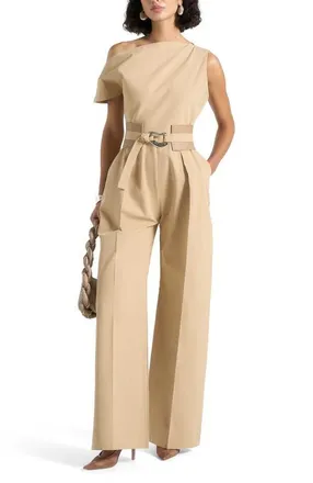 Mani&egrave;re De Voir Valerie Tailored Off Shoulder Jumpsuit With Belt in Beige at Nordstrom, Size 10