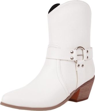Generic Womens Western Pointed Toe Mid-Calf Faux Leather Boots Metal Buckle Strap Side Zip Block Heels Solid Color Durable Stylish Design,White,3.5 UK