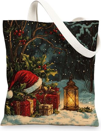Generic Christmas Holly Hat Canvas Tote Bag for Shopping 13x15, Xmas Snow Scenic Reusable Grocery Print Bag for Women Men, Holiday Landscape Aesthetic Paintin