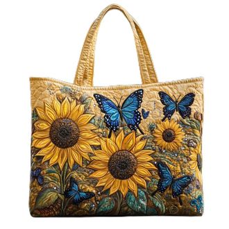 Generic Vintage Quilted Tote Bag for Women, Aesthetic Cotton Shoulder Bag with Literary Book & Floral Embroidery Lightweight Hobo Purse for World Book Day & M