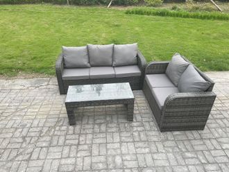 Fimous Outdoor Rattan Garden Furniture Set Patio Lounge Sofa Set with Rectangular Coffee Table Dark Grey Mixed