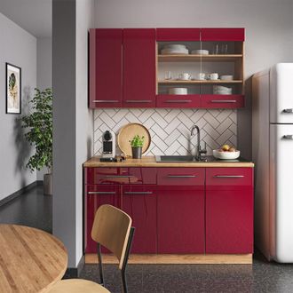 Vicco Cocina Para Solteros Fame-line, Burdeos Brillo Intenso/roble Dorado, 140 Cm Sin Encimera