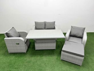 Fimous Light Grey PE Wicker Rattan Garden Furniture Set Sofa Set Reclining Chair Adjustable Lifting Dining or Coffee Table 5 Seater With Footstool