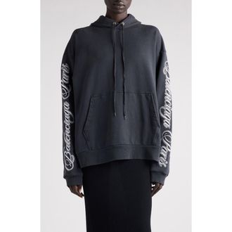 Balenciaga Oversize Logo Cotton Hoodie in 6552 Washed Black 2/White at Nordstrom, Size X-Small