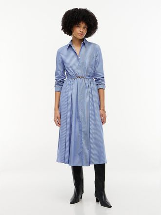 Tommy Hilfiger Womens Belted Striped Poplin Midi Shirtdress - New York Blue Stripe - 10