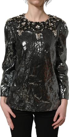 Dolce & Gabbana Womens Metallic Gray Sequin Embellished Blouse Top Polyester Glass Nylon