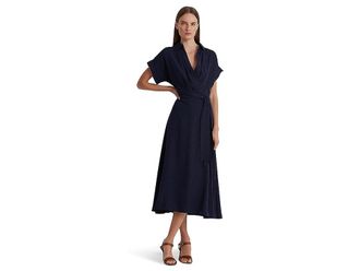 Lauren Ralph Lauren Belted Crepe Dress Womens Clothing Lighthouse Navy : 16