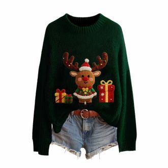 Generic Christmas Jumpers for Women UK Reindeer Cute 3D Printed Knitted Sweaters Ladies Xmas Jumpers Long Sleeve Winter Pullover Soft Comfortable Crew Neck Ju