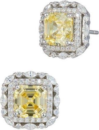 Savvy Cie Jewels Asscher Cut Cubic Zirconia Double Halo Stud Earrings in Fancy Yellow at Nordstrom Rack