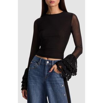 Alice & Olivia Delania Mesh Ruffle Cuff Top in Black at Nordstrom Rack, Size X-Large